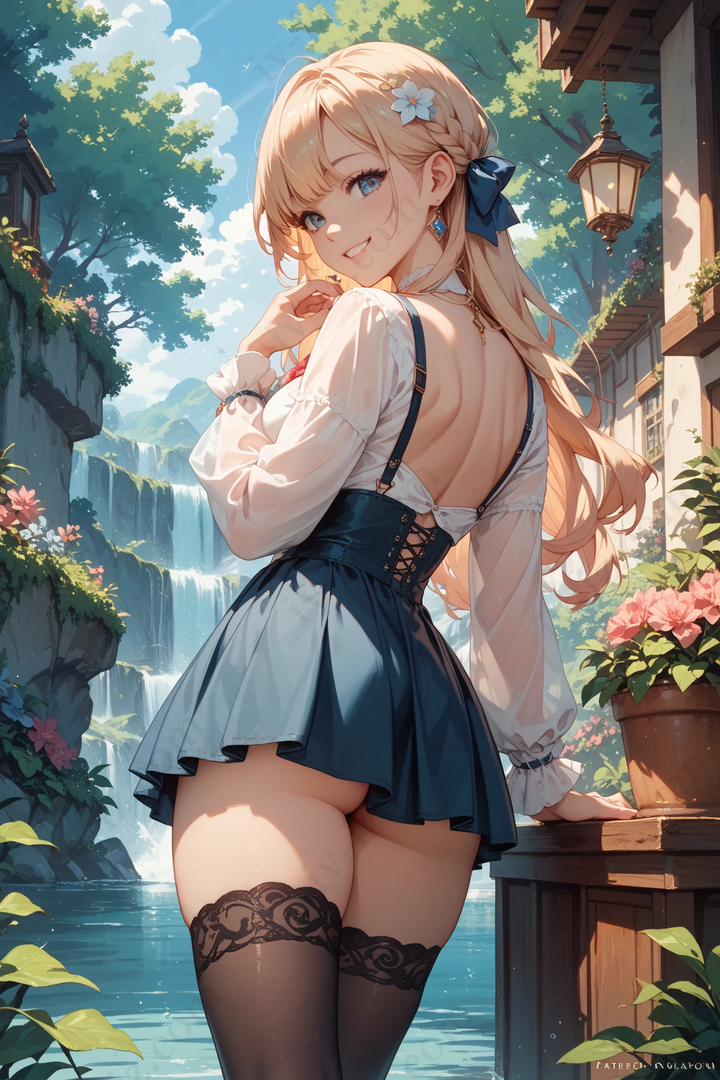 Blonde Anime Girl by Waterfall