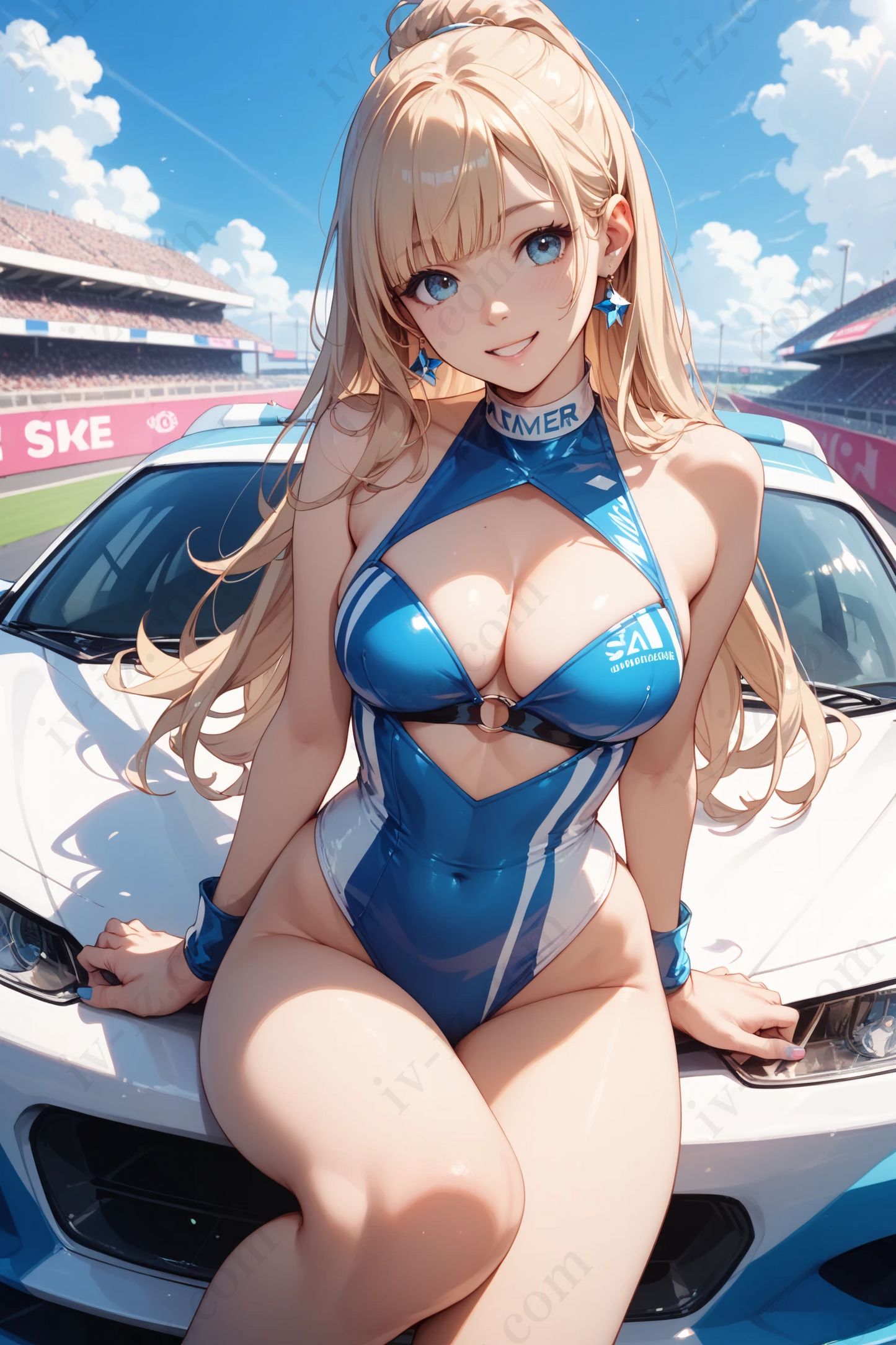 Blonde Anime Race Queen with Shiny Blue