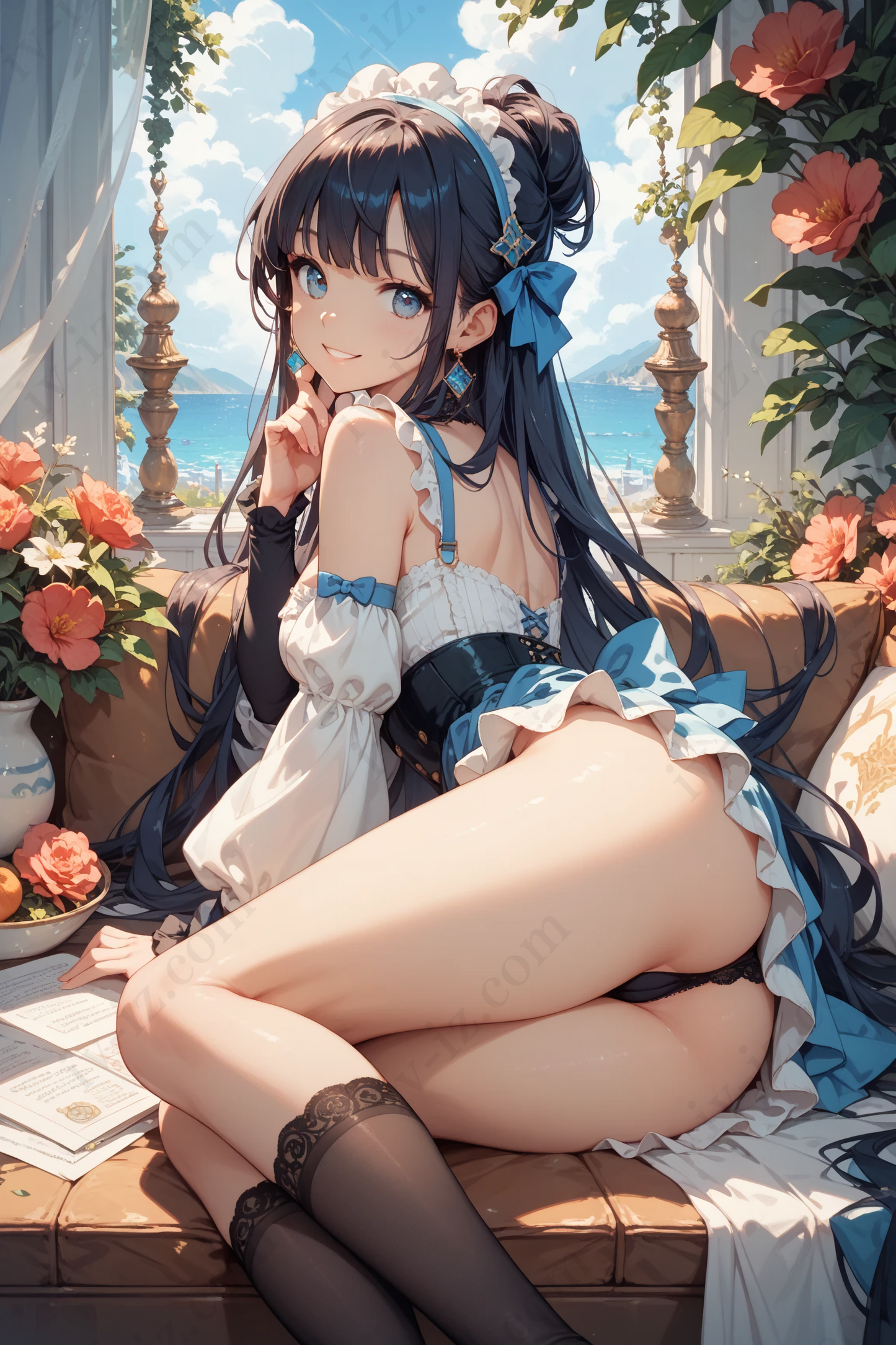 Seaside Blue Grace – Elegant Anime Girl