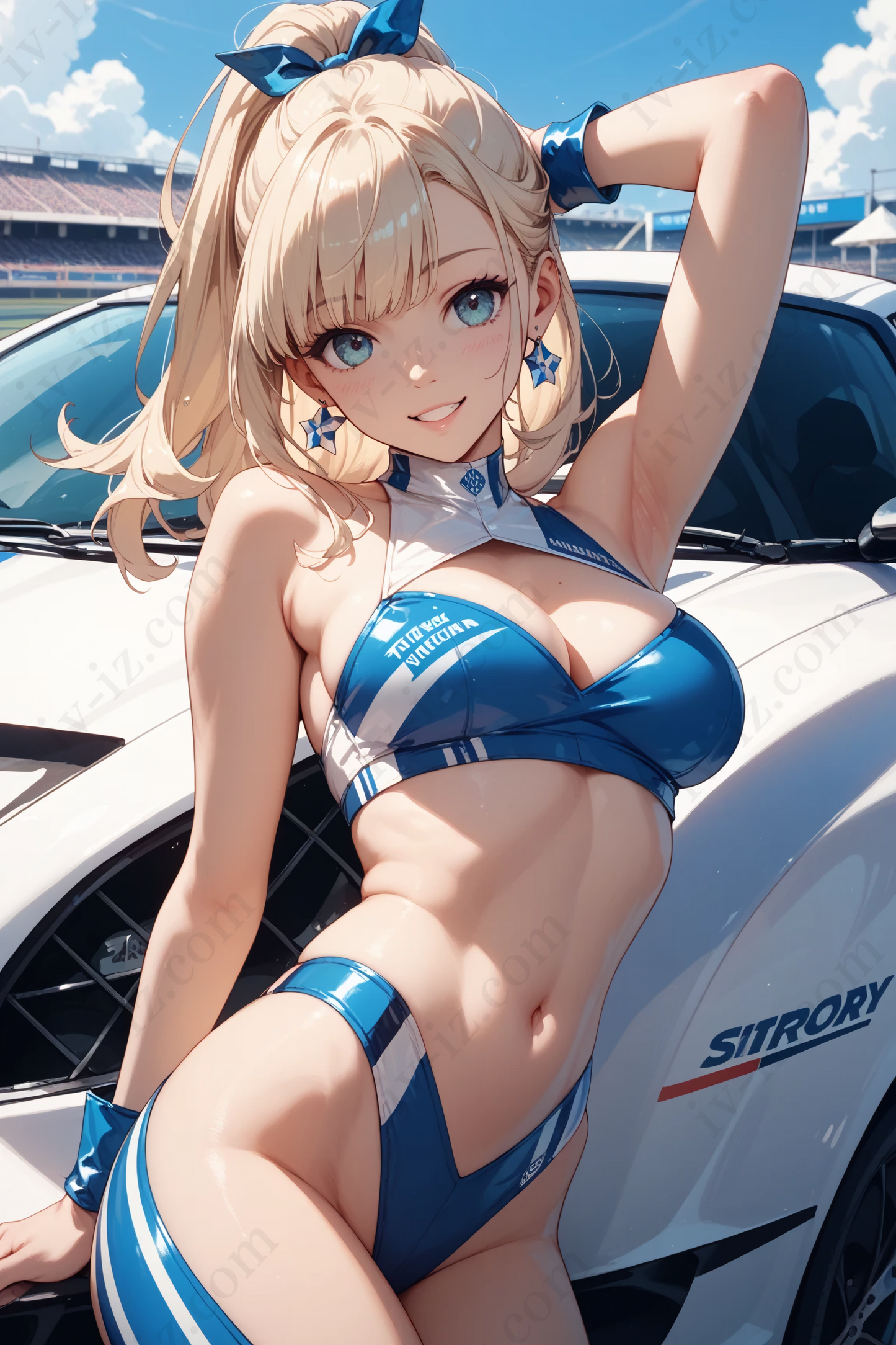 Cheerful Blonde Anime Race Queen in Blue
