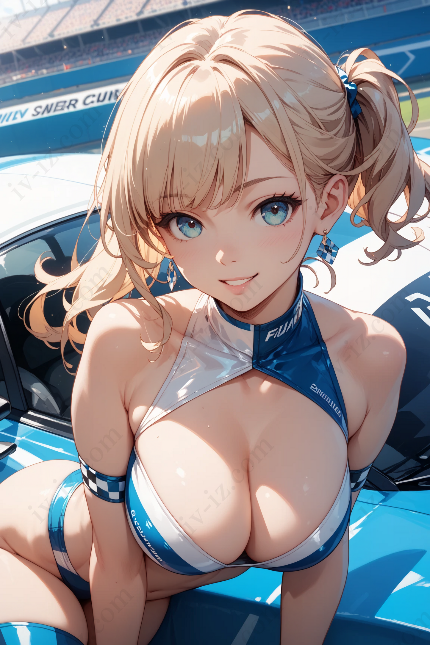 Smiling Blonde Anime Race Queen in Blue