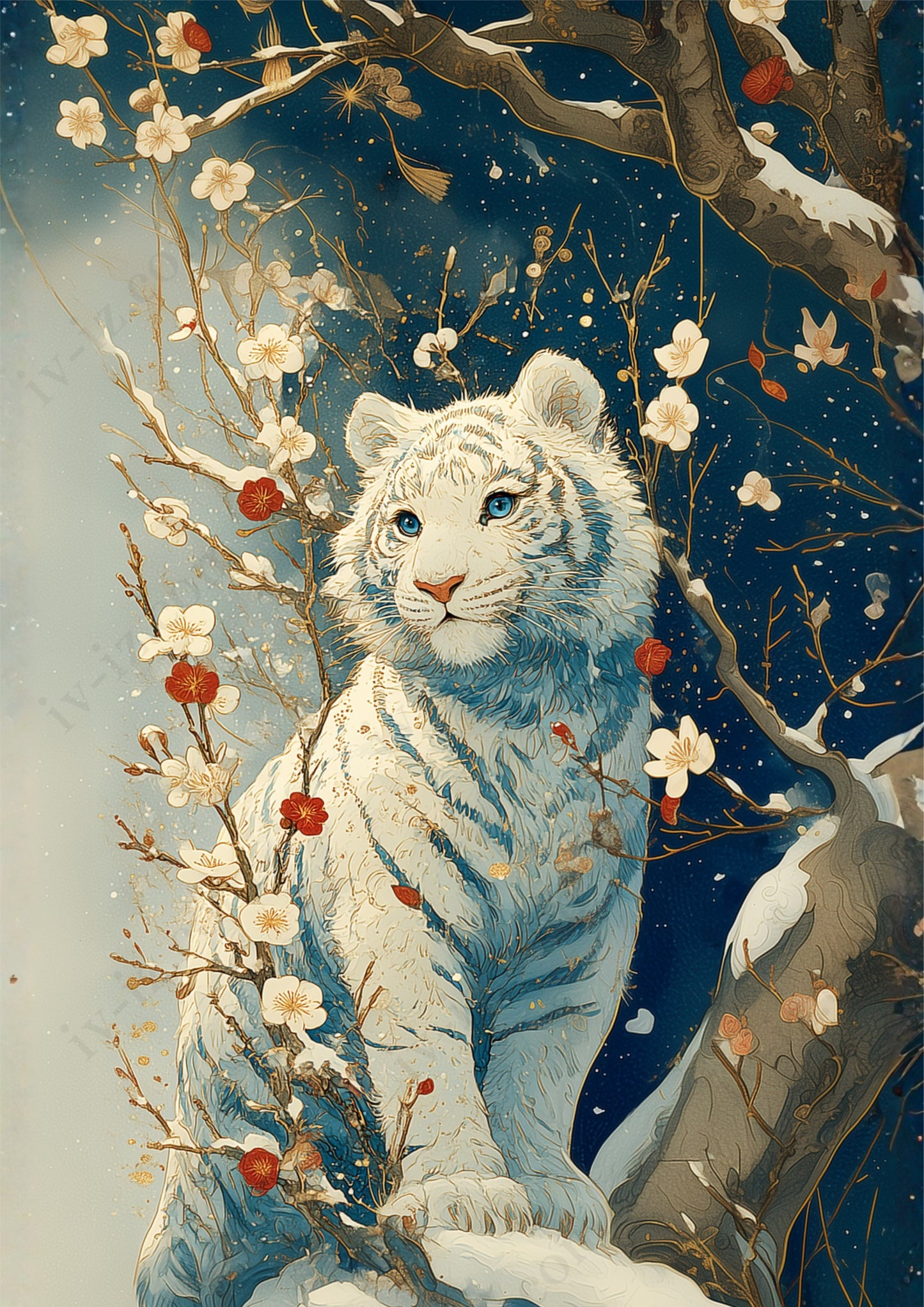 白梅に宿る雪虎のまなざし