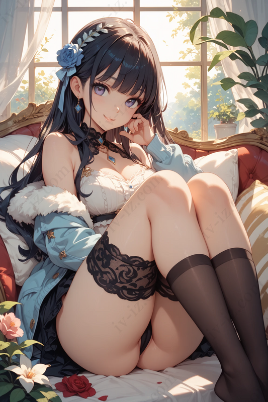 Dark-Haired Anime Girl in Lace Lingerie