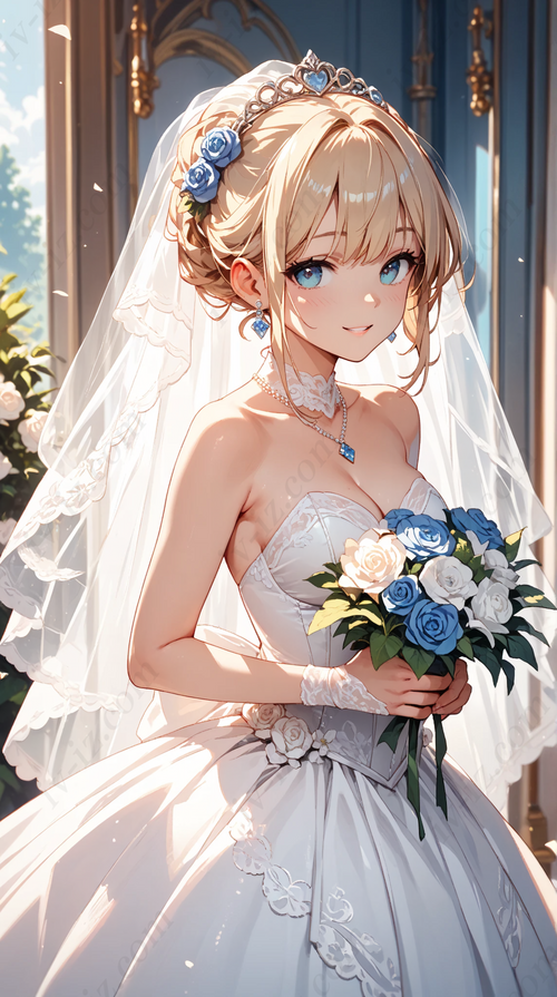 Anime Bride with Blue Rose Bouquet