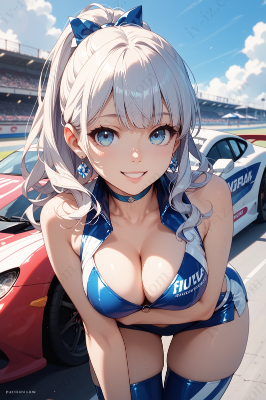 Silver-Haired Anime Race Queen in Blue