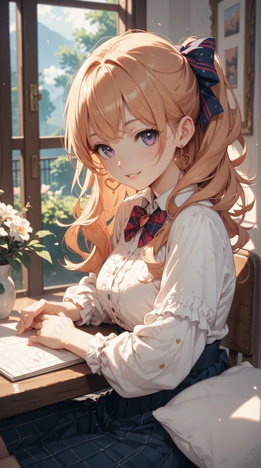 Elegant Anime School Girl at Desk