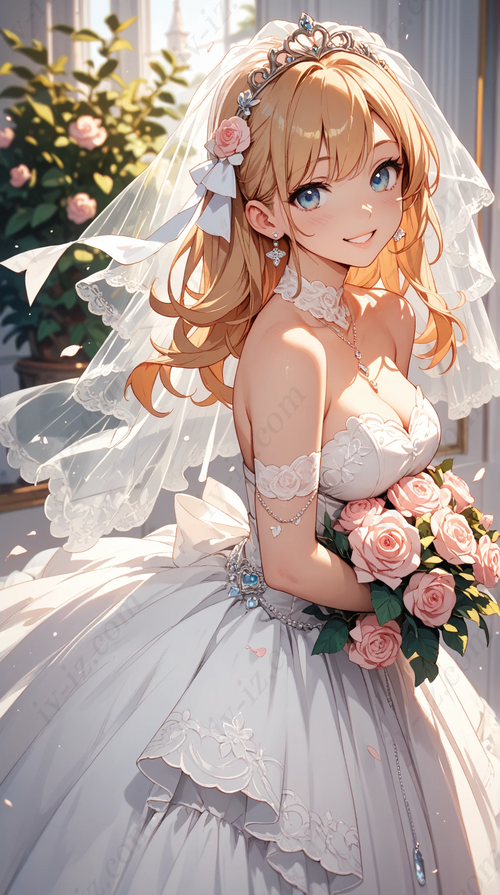 Anime Bride with Pink Rose Bouquet