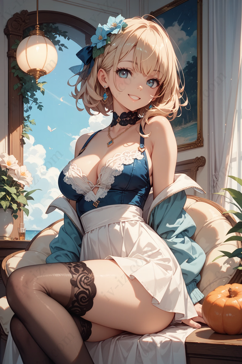 Smiling Blonde Anime Girl in Blue Corset