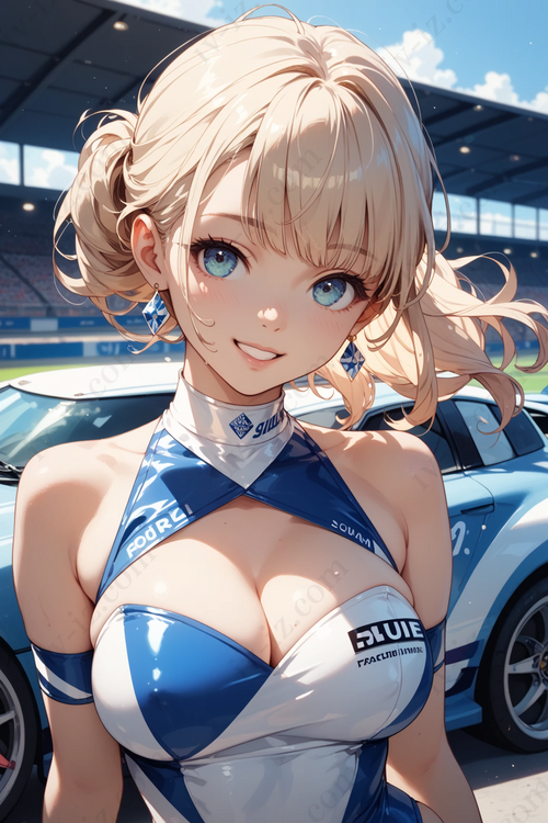 Elegant Blonde Anime Race Queen in Blue
