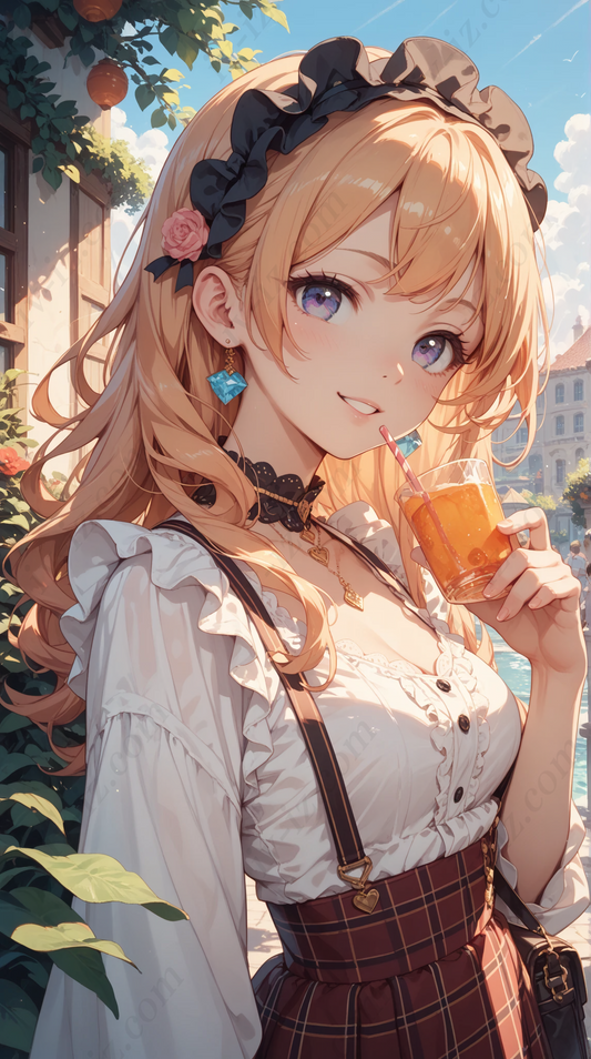 Elegant Blonde Anime Girl with Drink