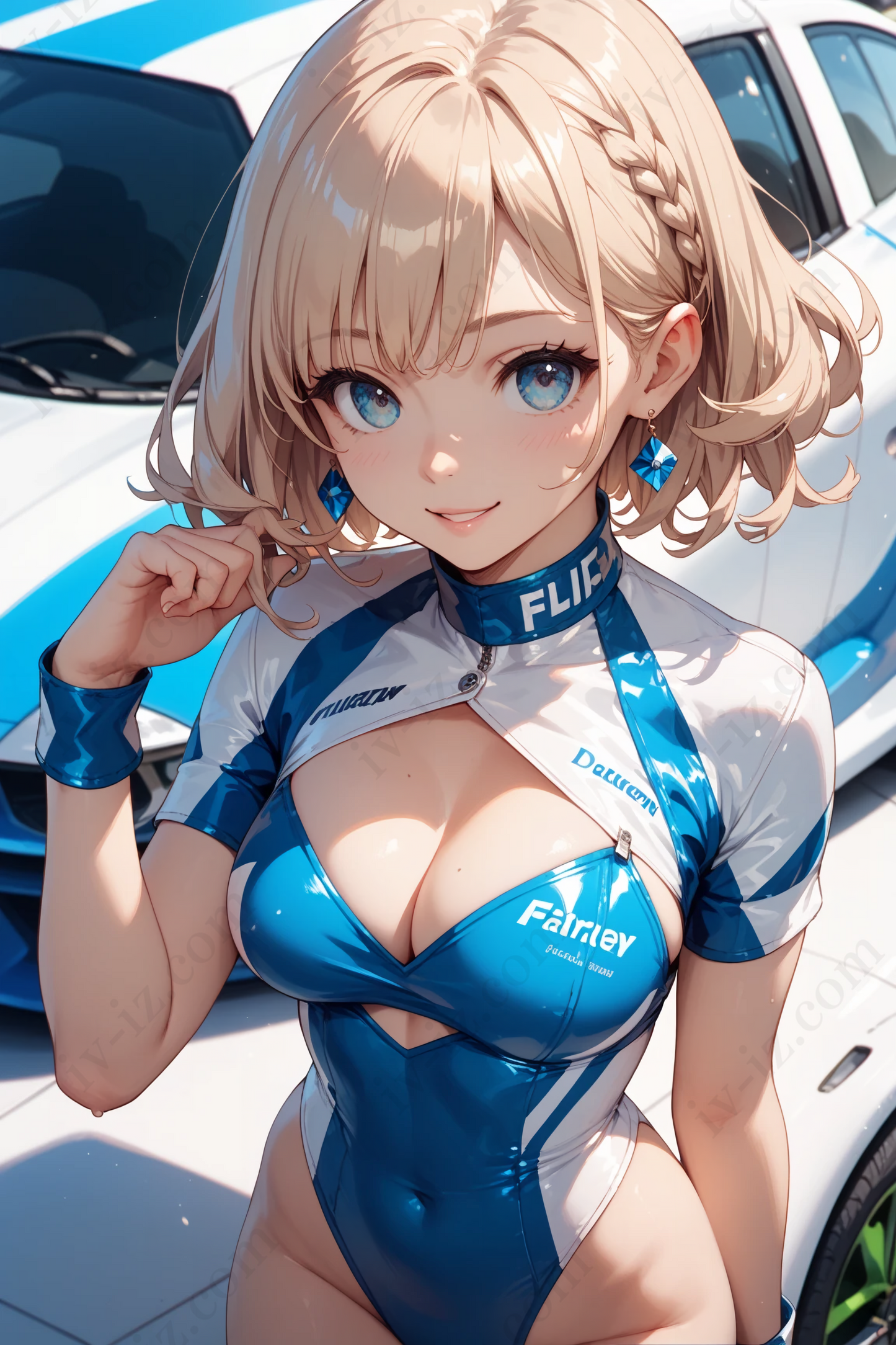 Blonde Anime Racing Queen in Blue Suit