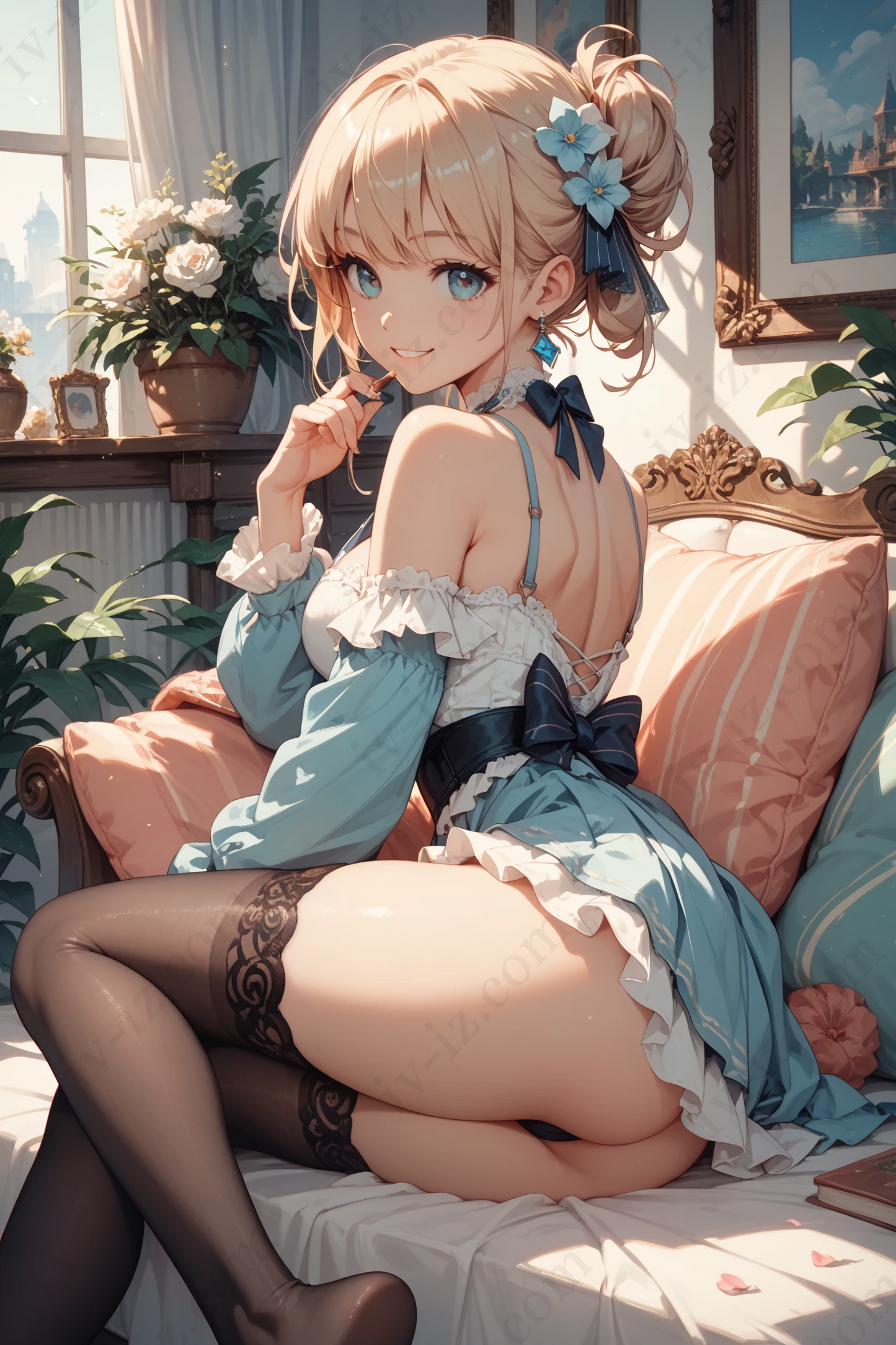 Elegant Blonde Anime Girl in Blue Dress