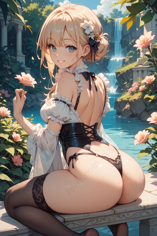 Blonde Anime Girl by Waterfall in Back