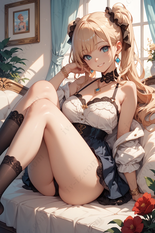 Chic Blonde Anime Girl in Lace Lingerie