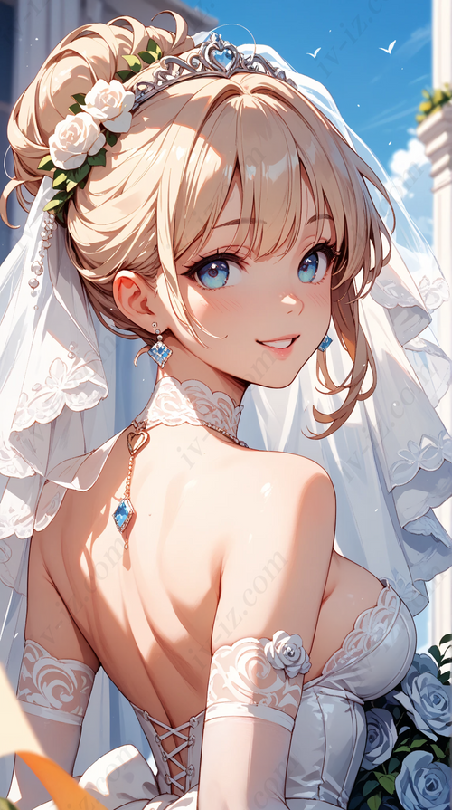 Blonde Anime Bride in White Dress