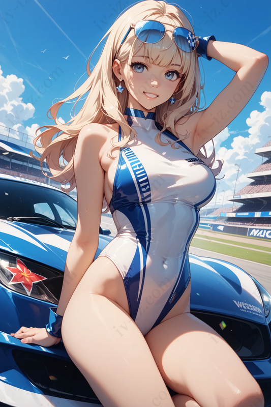 Sunny Blonde Race Queen with Blue Shades