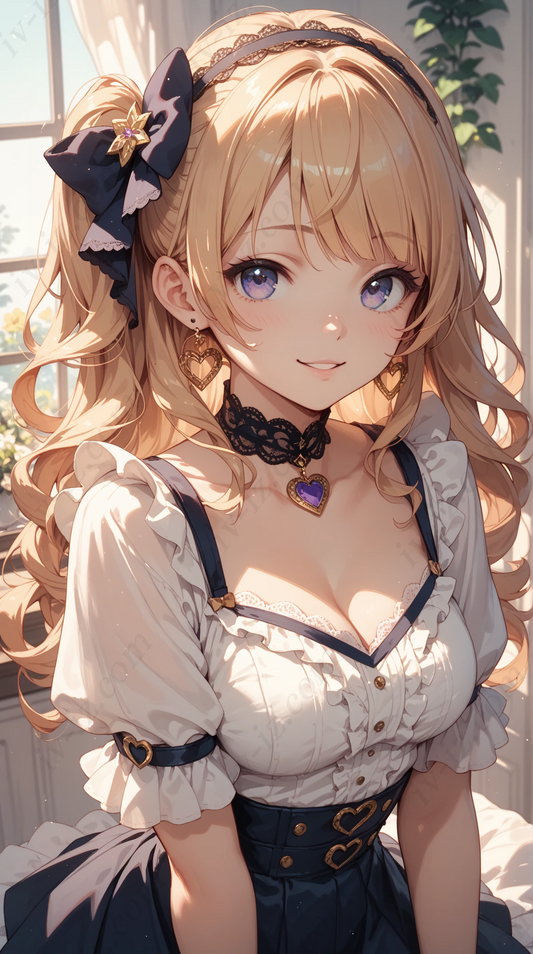 Elegant Blonde Anime Girl with Lace Dres
