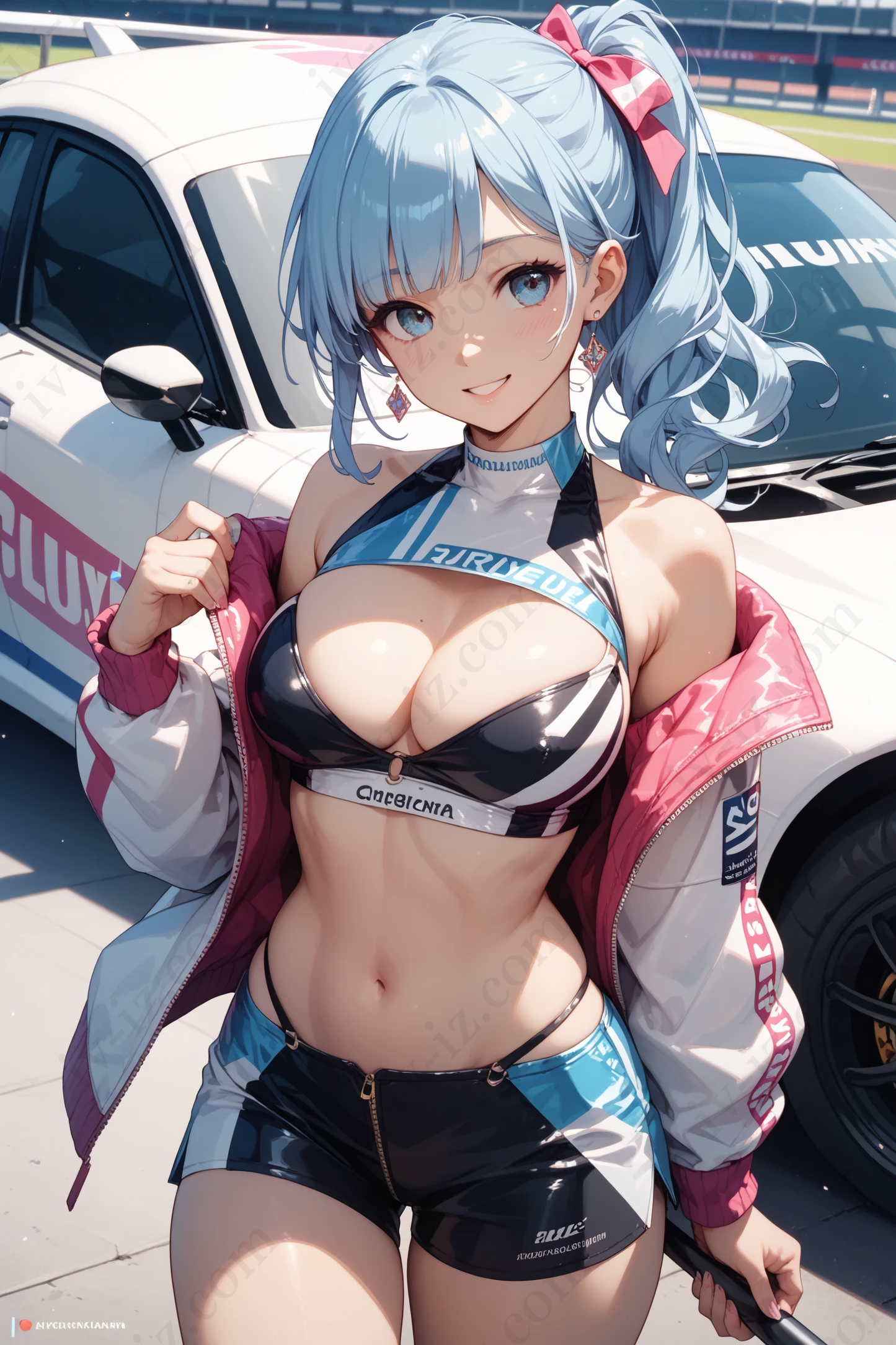 Cool Blue-Haired Anime Race Queen in Pin