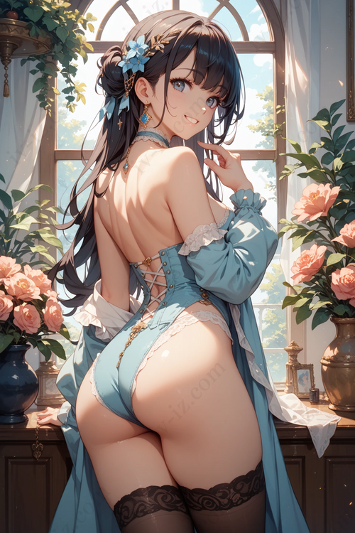 Dark-Haired Beauty in Blue Corset Dress