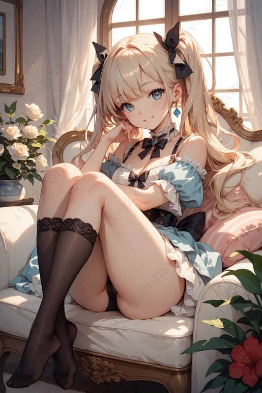 Cute Blonde Anime Girl in Blue Frilled