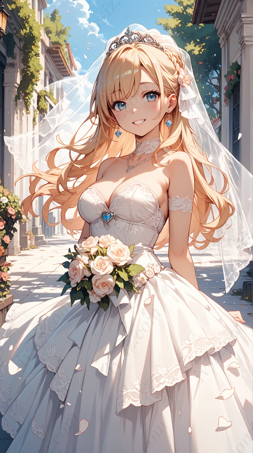 Anime Bride in White Dress with Roses