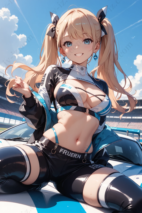 Energetic Blonde Race Queen in Black & B