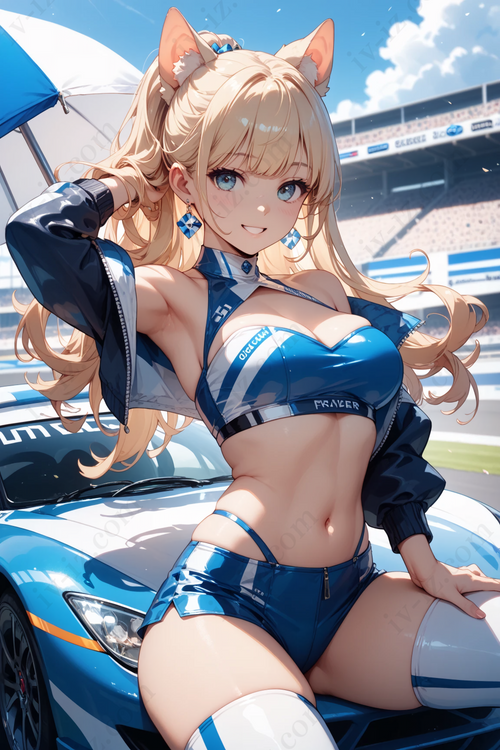 Cat-Eared Anime Race Queen in Blue Style