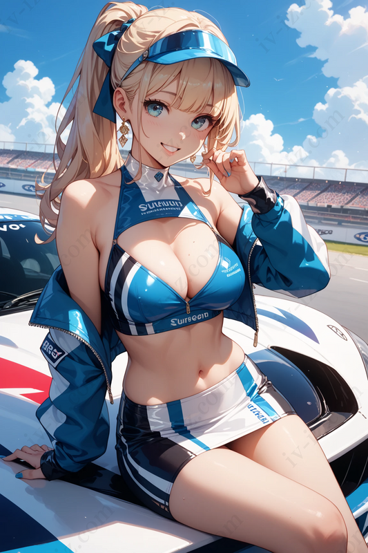 Stylish Blonde Anime Race Queen in Blue