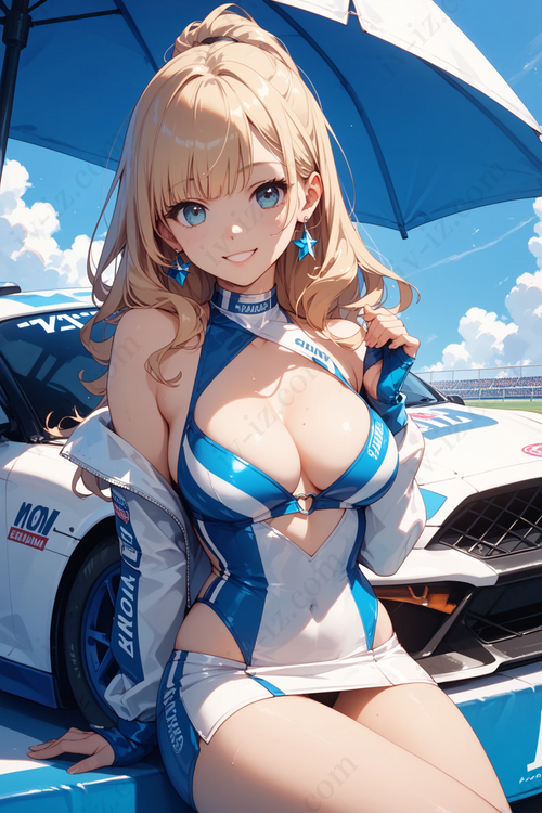 Blonde Anime Race Queen in Blue and Whit