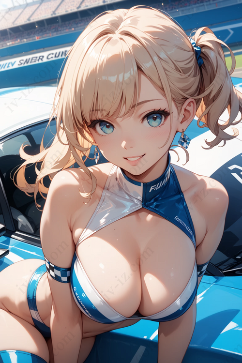 Smiling Blonde Anime Race Queen in Blue