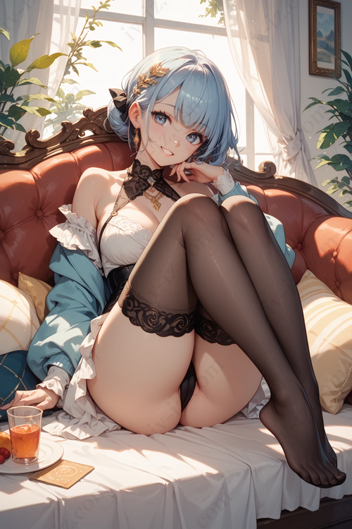 Elegant Blue-Haired Anime Girl with Tea