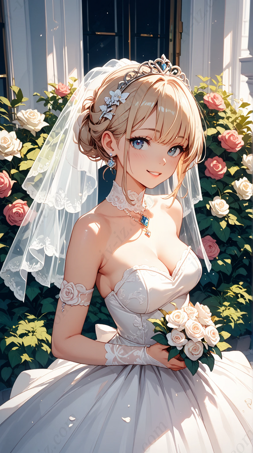 Anime Bride with White Rose Bouquet