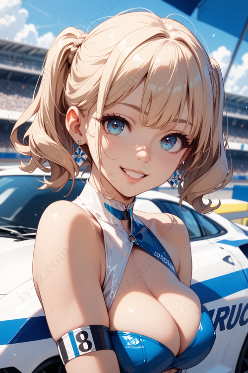 Cheerful Blonde Race Queen in Blue