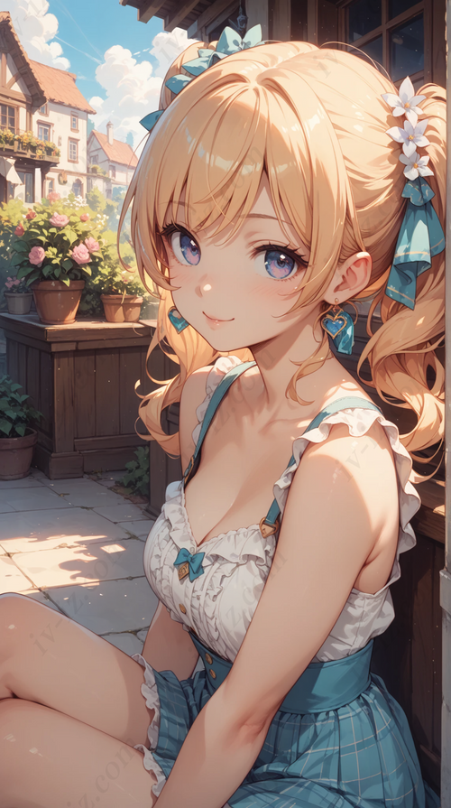 Blonde Anime Girl in Blue Dress